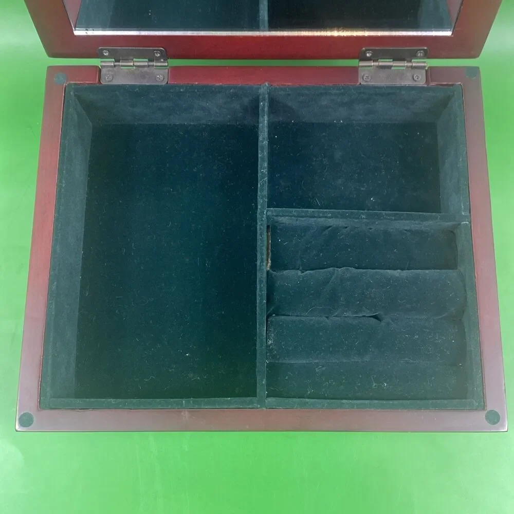 Cherry Wood Jewelry Box with  Green Velvet Lining 8.25